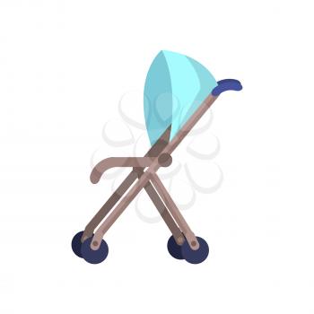 Blue baby carriage isolated on white background. Perambulator for transportation children. Light summer baby stroller icon. Vector illustration in flat style cartoon design. Transport item for toddler