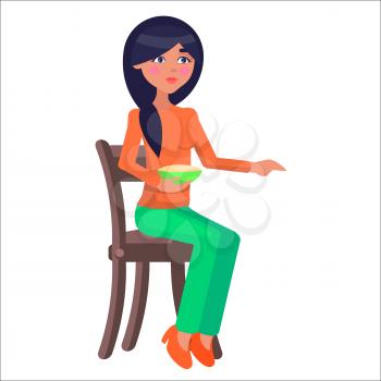 Young woman on diet. Beautiful brunet female in casual clothing seating on chair with bowl of porridge flat vector isolated on white. Eating dietary food illustration for healthy nutrition concepts