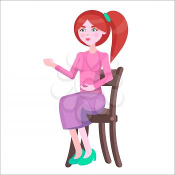 Redhead pregnant woman with pink cheeks holds hand as if she feeds baby and sits on chair. Cartoon woman happy motherhood. Mother Day collection. Love and care isolated vector illustration of mom.