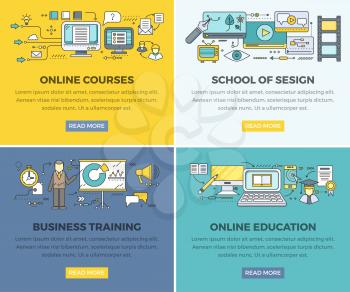 Online education courses web banners set. Business training and school of design square line art vector concepts with people pictogram and internet technology icon for educational company landing page