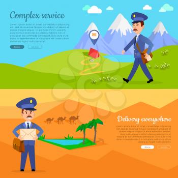 Complex service delivery anywhere web banner. World delivery picture with postman. Mailman in suit walking in hot summer day. Express mail at any weather conditions vector illustration in cartoon style
