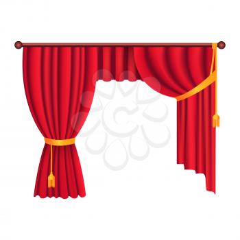 Heavy drapes of red fabric gathered with gold tie back ribbon and tassels isolated vector. Classic curtain in victorian style on cornice illustration for window dressing and interior design concepts