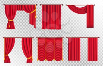 Heavy drapes of red fabric with gold tie back ribbons, tassels and lambrequin vectors set on transparet background. Crtains on cornice illustration for window dressing or interior design concept