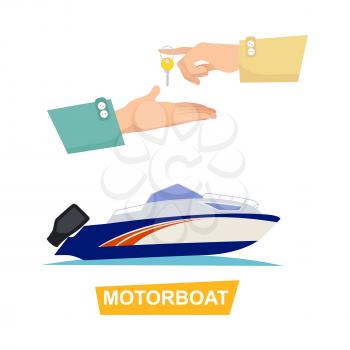 Buying blue and white speed motorboat on white background. Boat selling encouraging customers vector illustration. Advertising modern kinds of transport by getting new key of beautiful ship.