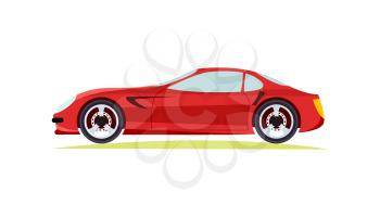 Red modern fast sports car on white background vector illustration. New luxurious and special design for car lovers automobile of future for everyone. Two wheels side door window and lights are shown