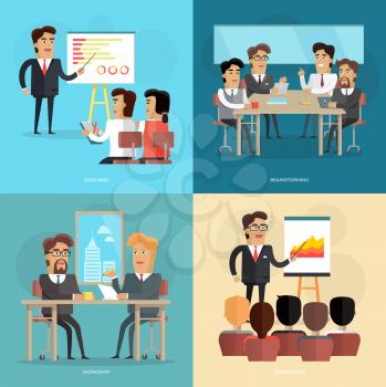 Business meeting and presentation vector colourful poster. Employees noting and listening to boss near white stand showing result with charts, workers sitting at table discuss some ideas and concepts