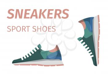 Trendy colorful sneakers for running. Sport shoes advertisement signboard isolated on white background. Comfortable footwear for athletics and casual look. Women footwear vector illustration.