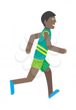 Boy running isolated on white. Male runner in green shorts and tshirt. Active man jogging sign symbol icon. Healthy way of life and sport concept. Young jogger athlete. Athletics competition. Vector