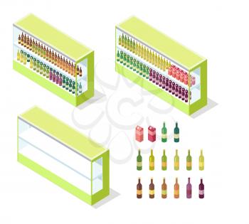 Wine in shop showcase isometric vector illustration. Alcoholic drinks on supermarket shelves 3d model isolated on white background. Full and empty groceries rack isometry for game, app, icon, web