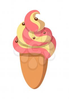  ake in oval shape with whipped cream. Yellow-pink topping and some confetti. Baked bun. Ice cream in cone. Fresh bakery. Sweet logo. Cartoon style. Flat design. Vector illustration isolated on white