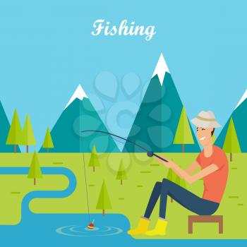 Fishing and camping concept. Young man fishing in the lake in the mountains. Fisherman in mountain landscape with trees. Outdoor recreation and relaxing. Vector illustration in flat style.