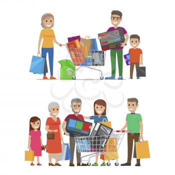Groups of smiling people standing with bags and packs. Vector illustration of son with father and grandmother holding bought items and girl with parents and grandparents near trolley with goods