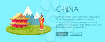 China touristic web banner. Man in traditional hanfi costume near ancient temple in mountains flat vector illustration. Chinese cultural and nature attractions concept for travel company landing page