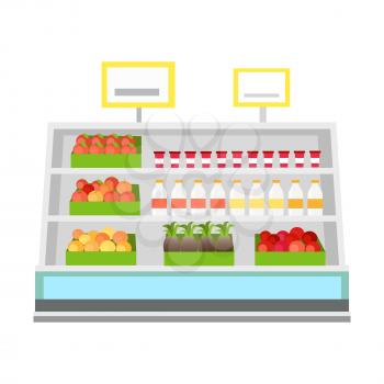 Shelves with products in grocery store. Vector in flat style design. Showcase with tomatoes, apples, oranges, pineapples, milk. yogurt in supermarket.  Assortment and shop equipment concept.  