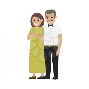 Middle-aged pair standing together flat vector. Smiling spouses characters in elegant clothes isolated on white background. Happy parents-in-law illustration for wedding and family holidays concepts