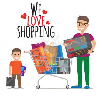We love shopping icon of father holding big article and son keeping purchases near supermarket cart full of goods. Vector illustration of two smiling male adult and small customers with items