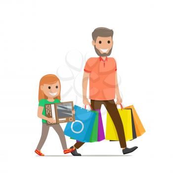 Father with beard smiles and carries a lot of bags, little daughter goes besides him and carries box. Family shopping day. Cartoon father and daughter have fun during shopping vector illustration.