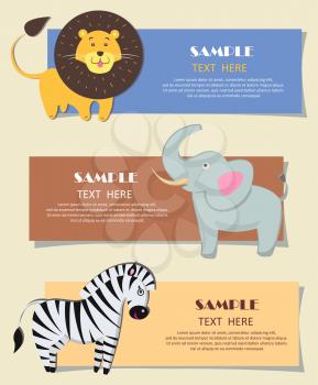 Three African wild animals nursery color cards flat design. Vector illustration of yellow lion with lush mane, gray elephant with long tusks and striped zebra. Set of children teaching posters.