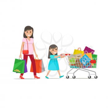 Family out on Shopping. Mother with bags goes beside her daughter who pushes cart full of different purchases. Cartoon family has fun during shopping. Mother and daughter at mall vector illustration.