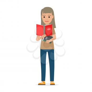 Young woman reading textbook. Brown-haired female student standing with open book in hands flat vector isolated on white background. Enthusiastic reader illustration for educational and hobby concepts