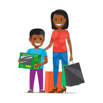 Family out on Shopping. Mother with bags stands beside her son who holds box on white background. Cartoon African family has fun during shopping. Mother and son stand with purchases. Vector illustration.
