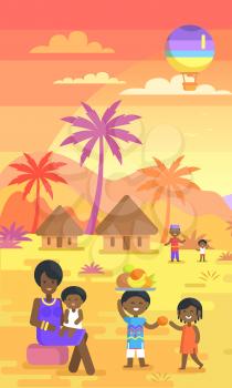 African happy family spending time outdoors on yard. Vector colorful illustration of woman and man with children on fresh air