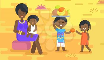 African woman in violet dress and accessories sits with baby on lap and boy holds tray with fruits and gives orange to girl vector illustration.