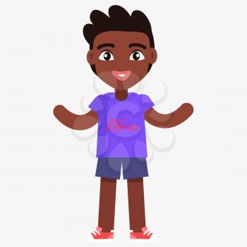 Happy little afro-american boy in t-shirt with text Africa celebrates international day of african child. Poster with young black male in cartoon style