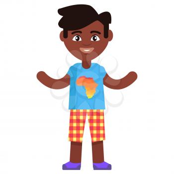 Happy little afro-american boy in t-shirt with map of Africa celebrates international day of african child. Poster with young black male in cartoon style