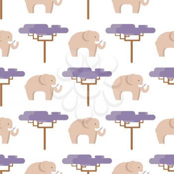 Elephant in beige color and baobab tree seamless pattern isolated on white. Side view of big animal living in hot countries vector illustration in flat design