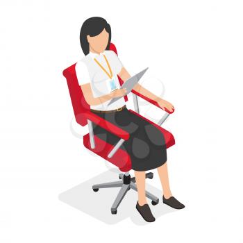 Faceless businesswoman in white blouse, black skirt and with badge on her neck sits in red office chair and reads from tablet on white background. Isolated vector illustration of work process.
