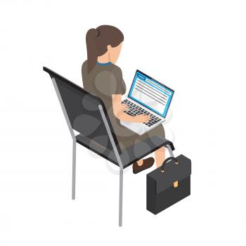 Businesswoman in brown dress sits on chair, near which stands briefcase, with laptop and types isolated on white, back view. Vector illustration of work process. Female cartoon faceless character.