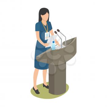 Report of young woman on business conference on white background. Female dressed in blue dress, holding paper in one hand. Two microphones, paper and flask of water vector illustration coaching concept