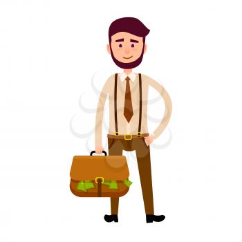 Stylish businessman in trousers with suspenders and with briefcase full of money isolated on white background. Male cartoon character vector illustration. Hipster with beard in trendy clothes.