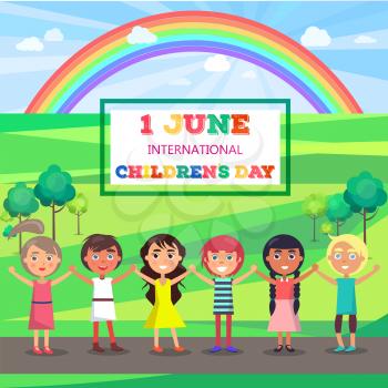 Happy childrens day colorful vector poster of happy kids with raised hands standing on road near green territory with rainbow in sky