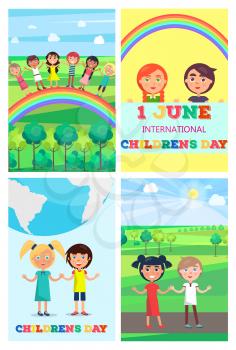 Children s special day in beginning of summer. Vector colorful poster of four 1 June cards with happy entertaining kids.