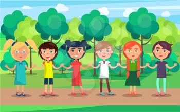 Children line with holding hands stand on park path with many green trees on background. Celebrating 1 June holiday vector illustration