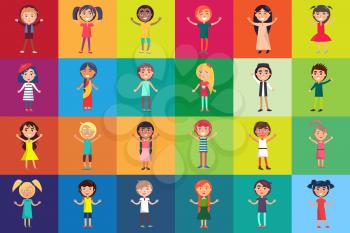 Multinational kids isolated on colorful backgrounds. Children celebration international 1 June holiday vector illustration
