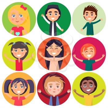Happy kids of various ethnic groups isolated on colorful buttons in concept of universal childrens day. International 1 June holiday vector illustration