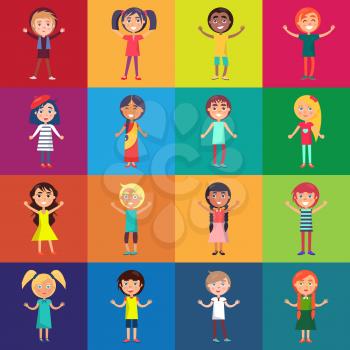 Kids of various ethnic groups isolated on colorful backgrounds in concept of universal childrens day. International 1 June holiday vector illustration