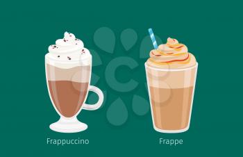 Frappuccino and Frappe in glass cups on green background. Vector illustration of tasty cold drinks with coffee and ice, foam cream and blue straw. Refreshing beverages containing coffee and ice