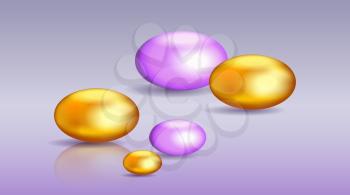 Glossy golden and violet pebble or perl on gradient background with reflections vector. Abstract jewels and gems illustration. Vibrant color decorative elements spherical form for luxury concepts