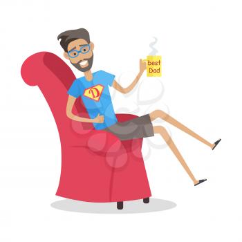 Father sitting in the arm chair with cup of coffee. Cheerful dad having rest. Role model, greatest mentor. Part of series of fathers day celebration banners. Honoring dads. Fatherhood concept. Vector