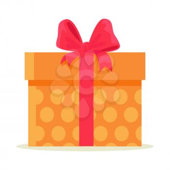 Happy Easter gift box isolated on white background. Big package wrapped in colorful paper with orange dots and decorated with red bow. Vector illustration with holiday present inside in cartoon style