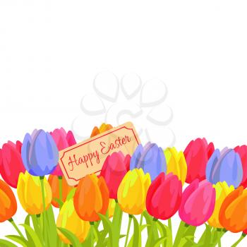 Happy Easter postcard with tulips and sign board for your text among beautiful flowers. Spring postcard with editable place for congratulations, red, yellow and blue and orange plants isolated vector
