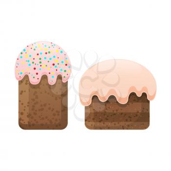Two easter cakes with white topping, one decorated with caramels isolated on white. Homemade pie for spring holiday celebration, vector illustration of fresh bakery sweet biscuit in flat style