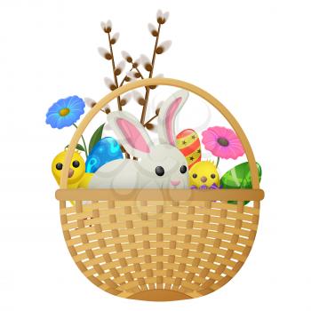 Wicker basket with Easter bunny, spring chickens, colorful flowers, painted eggs and willow twigs isolated on white background. Easter symbols vector illustration. Funny animals and eggs with pattern
