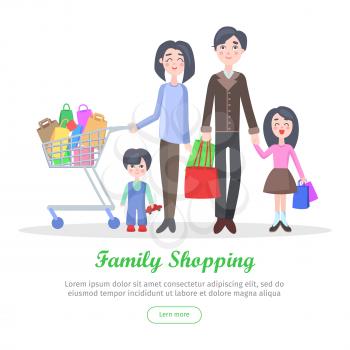 Family shopping banner. Young man and woman make purchases with kids cartoon flat vector illustration isolated on white background. Father and mother buying gifts on holiday sale with son and daughter