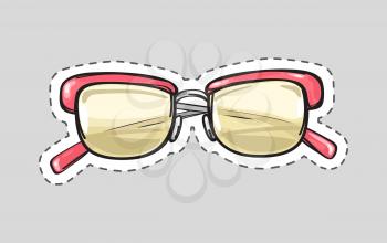 Classical glasses icon patch. Glasses isolated cut out. Unisex model, frame for man and woman. Eyeglasses with dashed line sticker. Hipster glasses. Metal framed pink glasses. Vector illustration