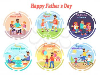 Family pizza time, sport activities, visit to cinema, funny fishing day, amusement park and bike ride vector illustrations set.